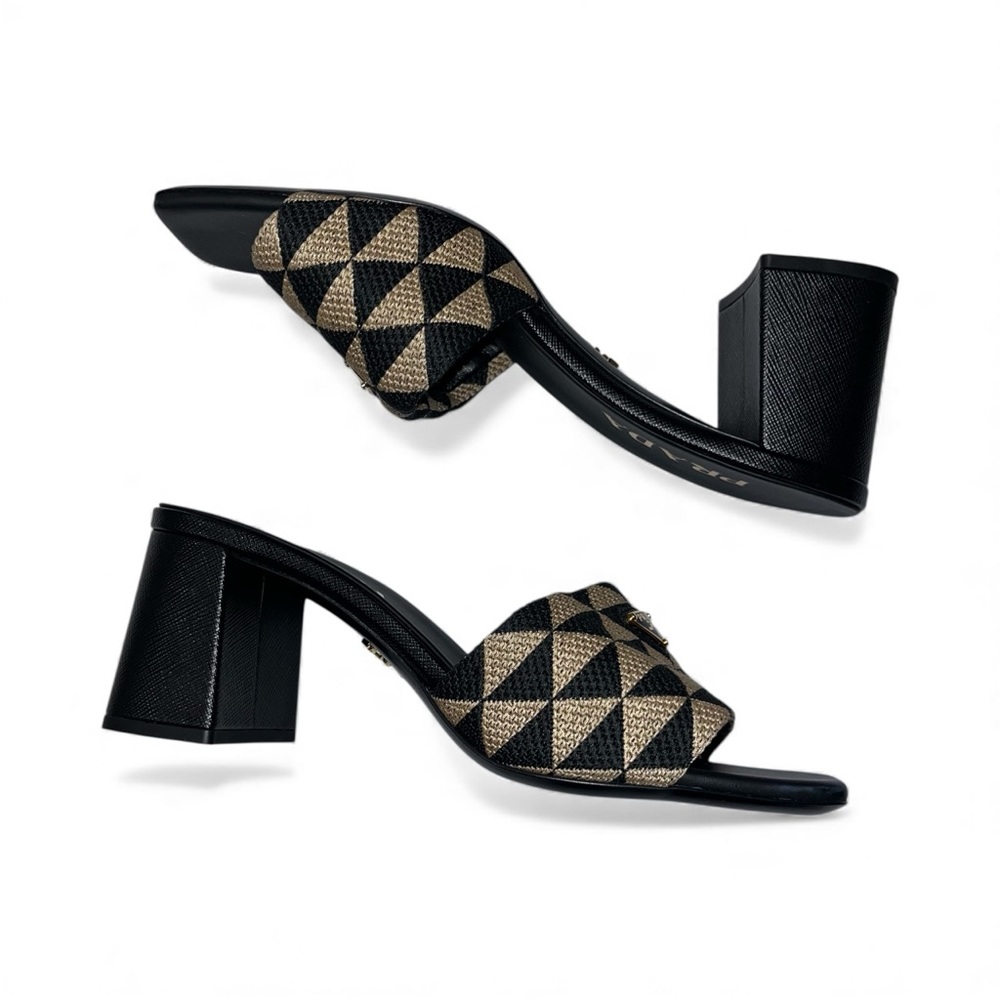 Prada Black Tan Slide Sandals Heeled Mules Jacquard Triangolo Open Toe 7.5 🟡 - Picture 5 of 13